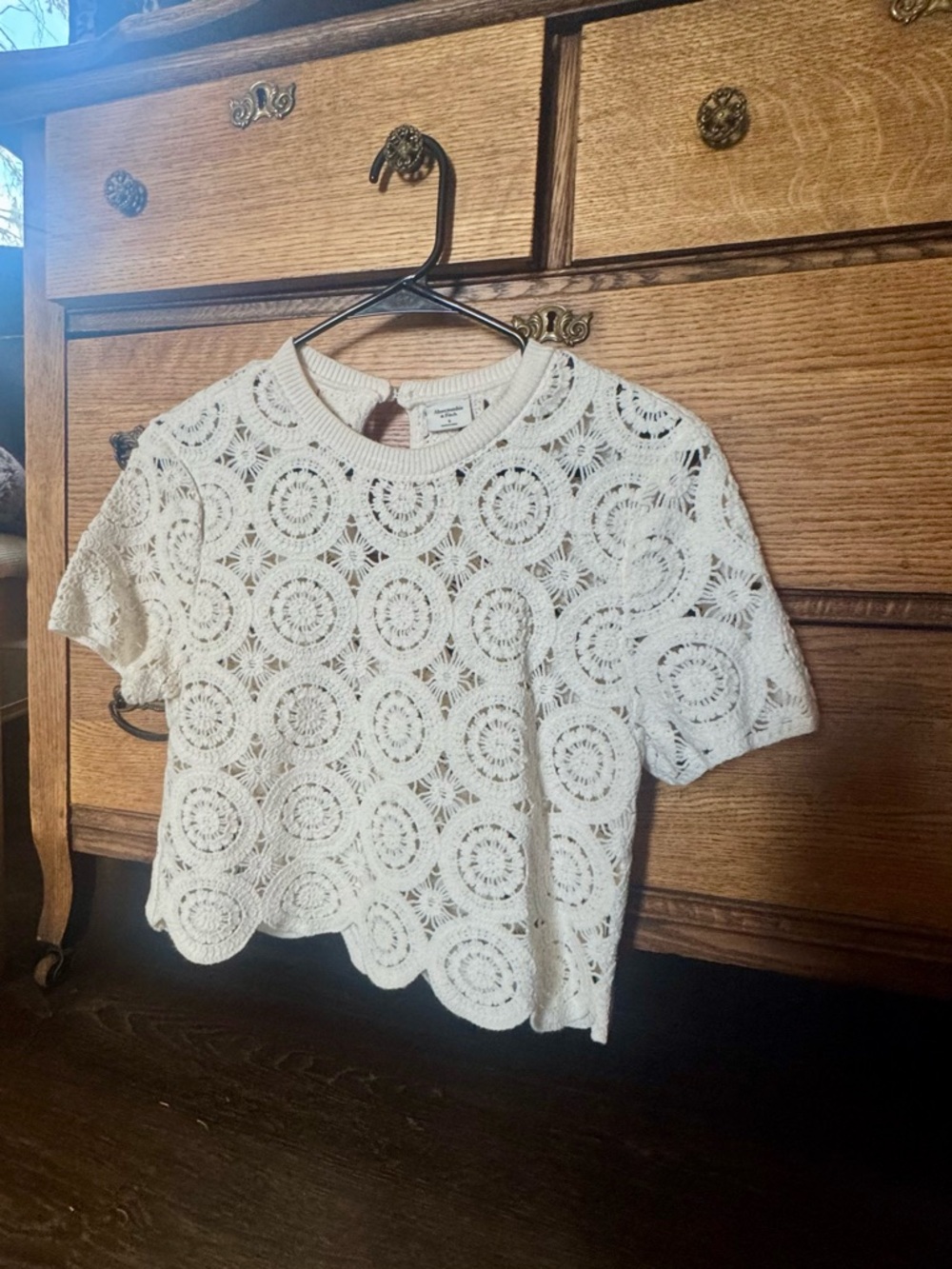 Abercrombie & Fitch White Crochet Short-Sleeve Crop Top